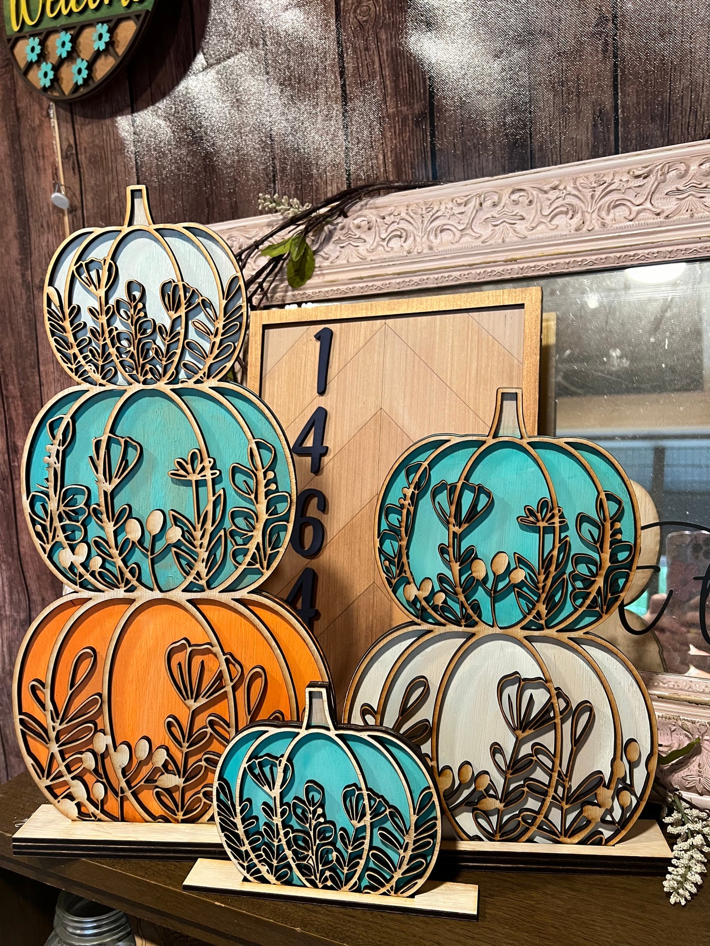 Stacked pumpkins and graves floral, laser design